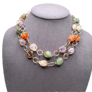 VINTAGE Gold Tone Wire Wrapped Multicolored TUMBLED STONE Strand NECKLACE 34"